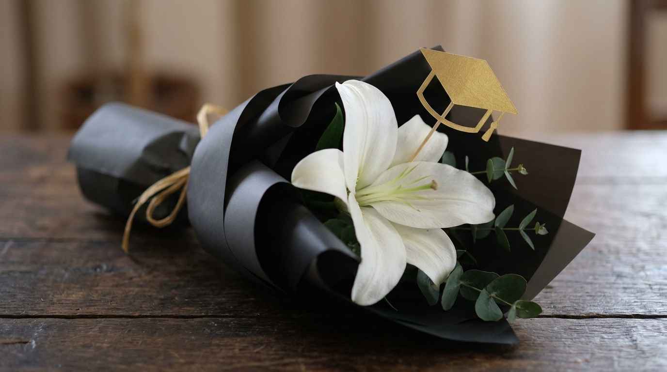 Contoh buket boneka wisuda dengan wrapping hitam emas